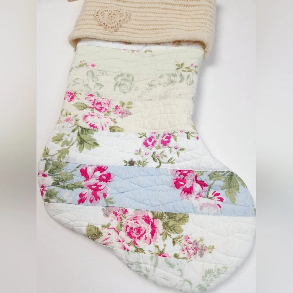 Upcycled Quilted Shabby Chic Christmas Stocking Ivory and Pink Floral